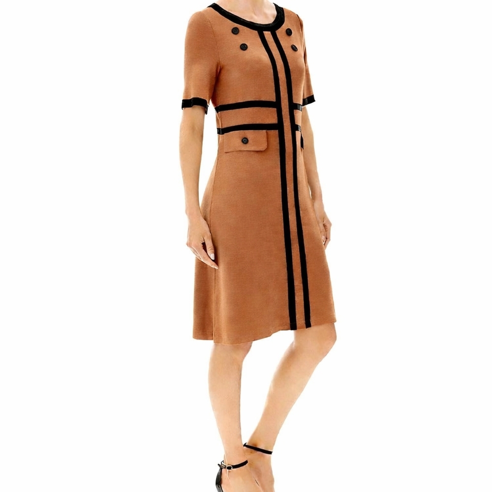 Ming Wang Dress L Brown Brick Black Trim Knit A-line Knee Length Career Classic